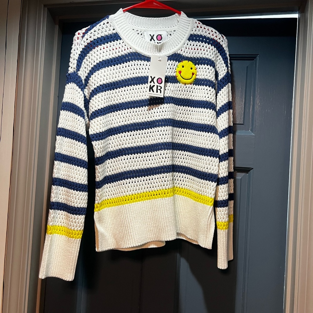 XOKR Women's Striped Crew Neck Sweater - Blue, White, Yellow